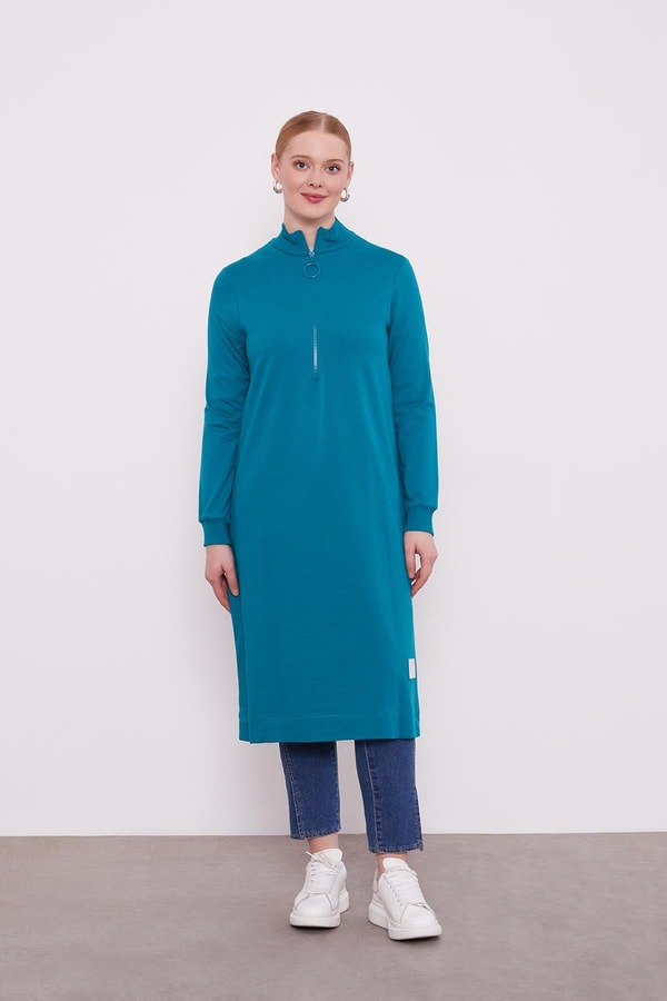 LevidorLevidor Petrol Mavi Dik Yaka Fermuar Kapamalı Uzun Tunik