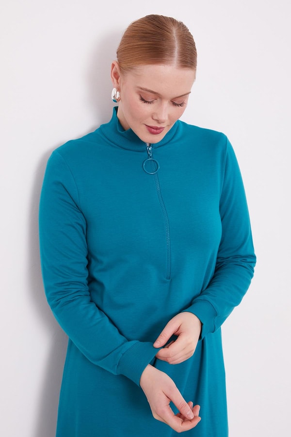 LevidorLevidor Petrol Mavi Dik Yaka Fermuar Kapamalı Uzun Tunik