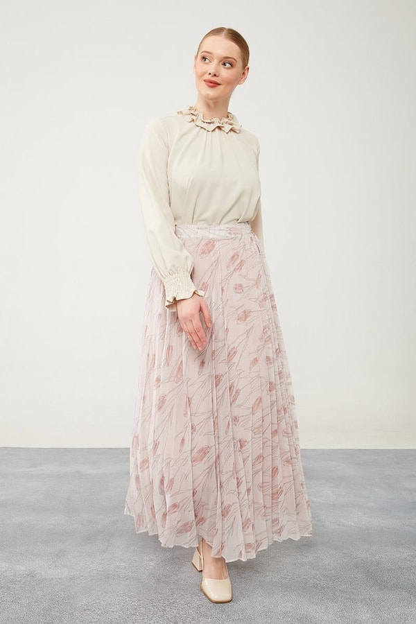 LevidorLevidor Pudra Çiçek Desen Şifon Etek