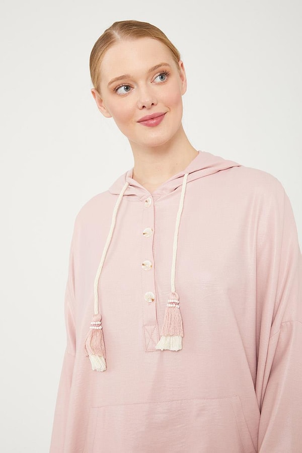 LevidorLevidor Pudra Kanguru Çepli Parlak Kumaş Tunik