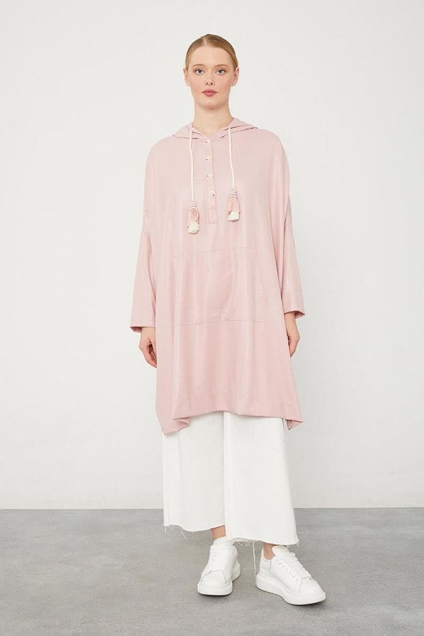 LevidorLevidor Pudra Kanguru Çepli Parlak Kumaş Tunik