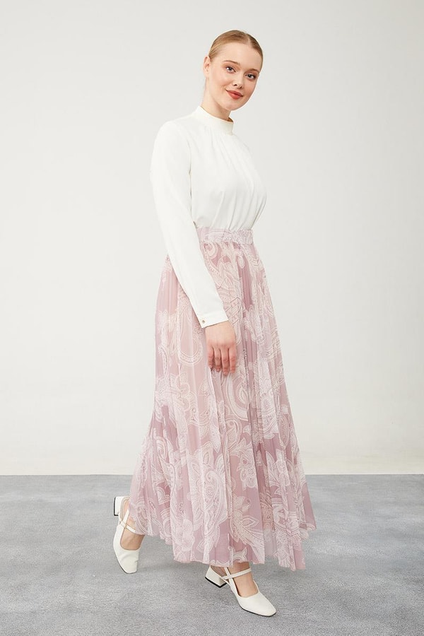 LevidorLevidor Pudra Pliseli Çiçek Desen Şifon Etek