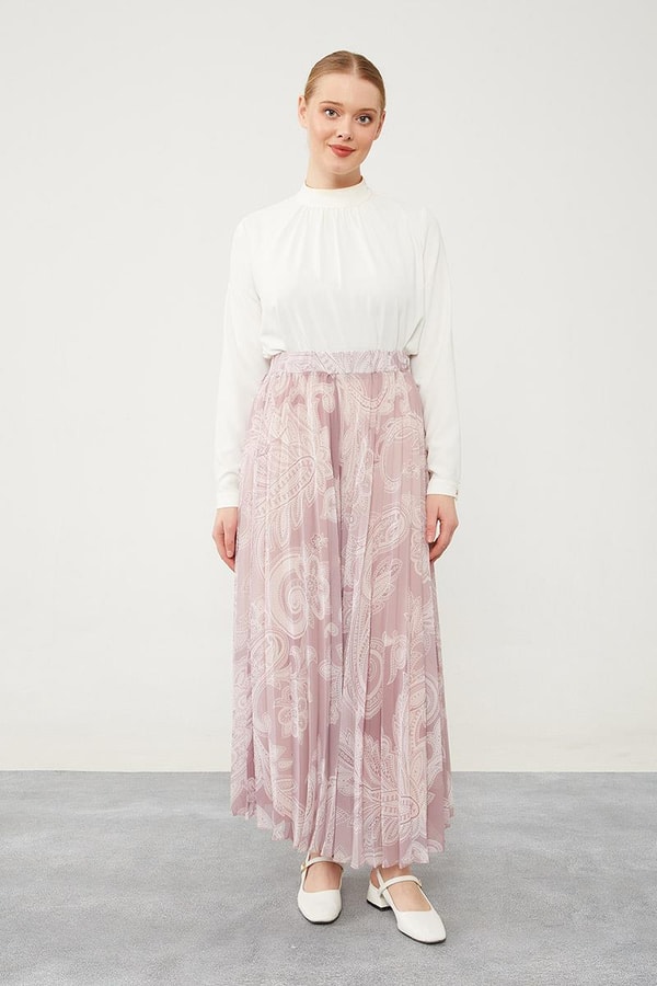 LevidorLevidor Pudra Pliseli Çiçek Desen Şifon Etek