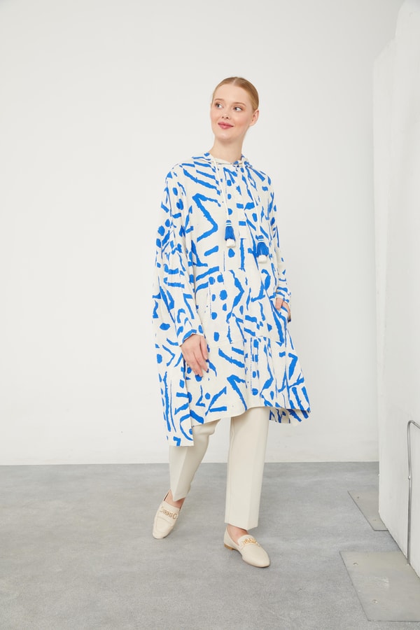 LevidorLevidor Saks Kapüşonlu Püskül Detaylı Keten Tunik