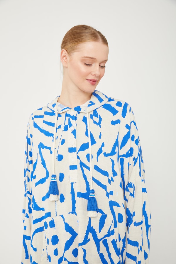 LevidorLevidor Saks Kapüşonlu Püskül Detaylı Keten Tunik