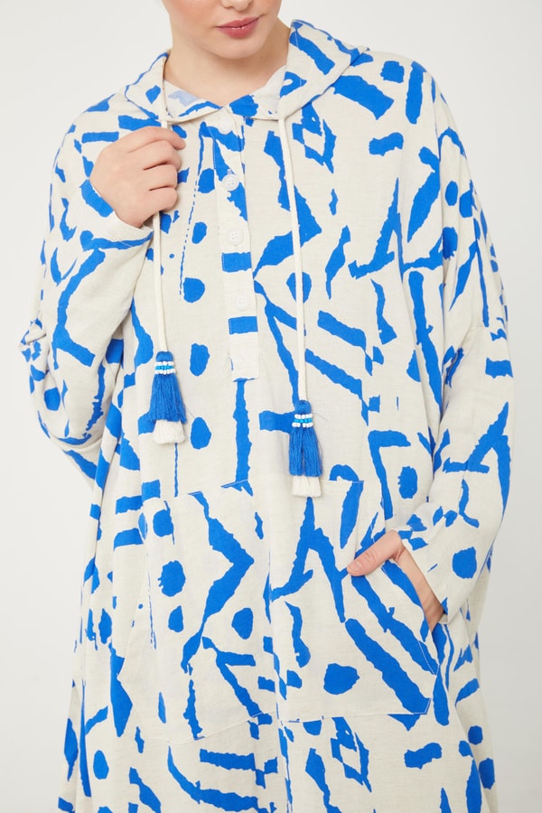 LevidorLevidor Saks Kapüşonlu Püskül Detaylı Keten Tunik