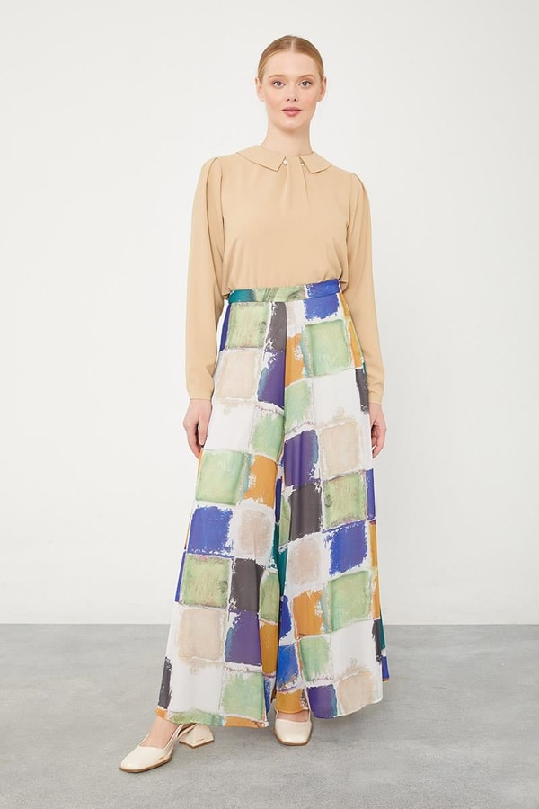 LevidorLevidor Saks Kare Desen Geniş Paçalı Pantolon