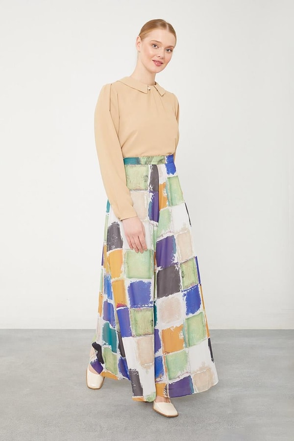 LevidorLevidor Saks Kare Desen Geniş Paçalı Pantolon