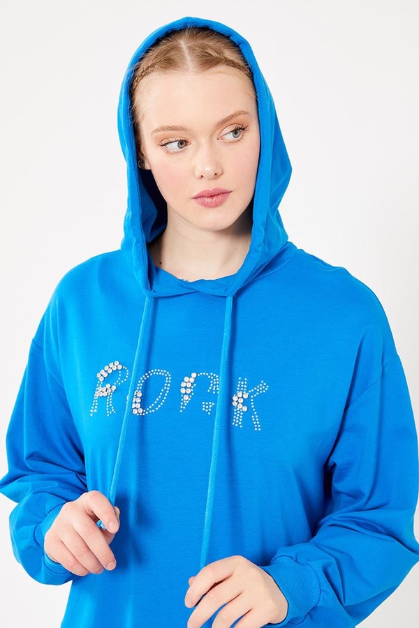 LevidorLevidor Saks Taş İşlemeli Kapuşonlu Oversize Elbise