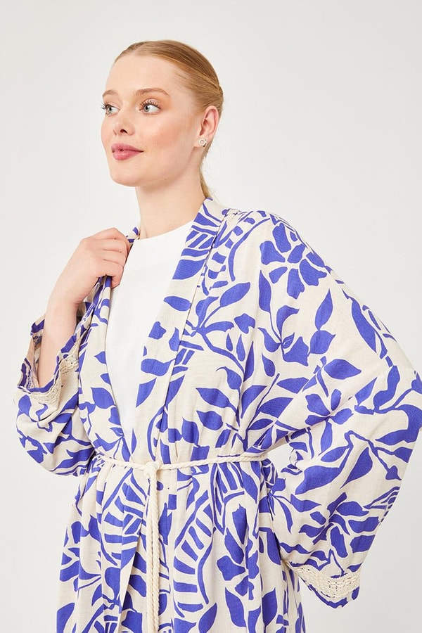 LevidorLevidor Saks Yaprak Desen Keten Kimono Takım