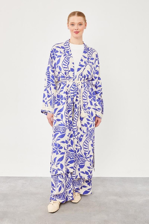 LevidorLevidor Saks Yaprak Desen Keten Kimono Takım