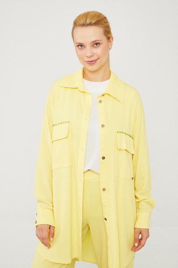 LevidorLevidor Sarı Cep İşlemeli Bürümcük Kumaş Takım