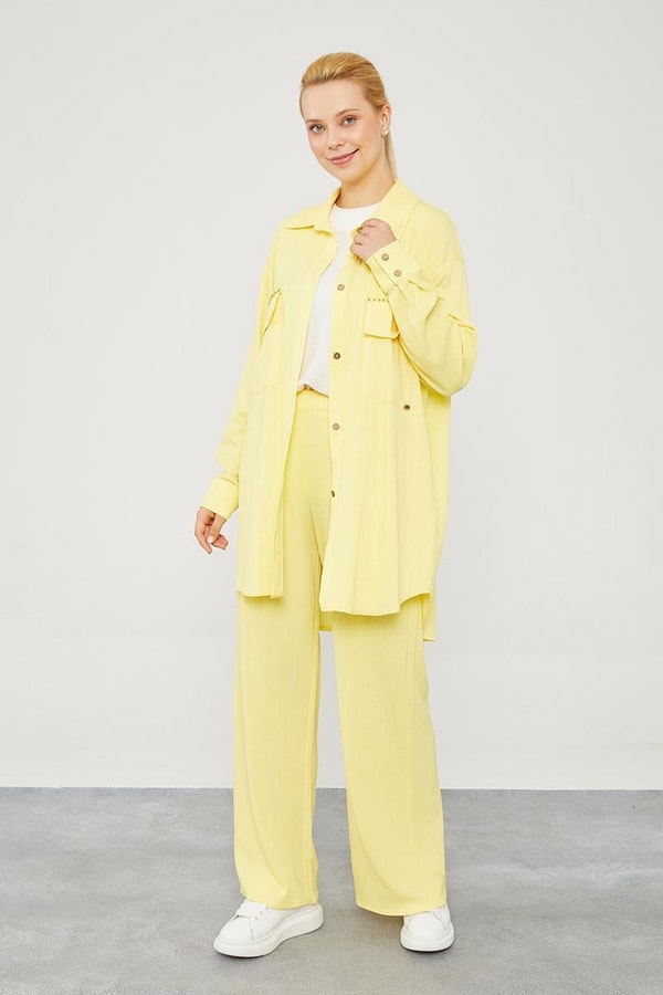 LevidorLevidor Sarı Cep İşlemeli Bürümcük Kumaş Takım