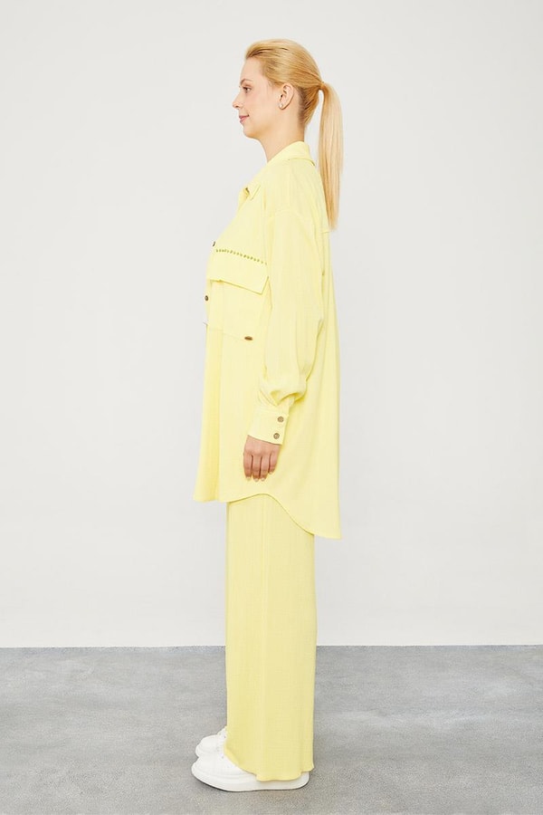 LevidorLevidor Sarı Cep İşlemeli Bürümcük Kumaş Takım