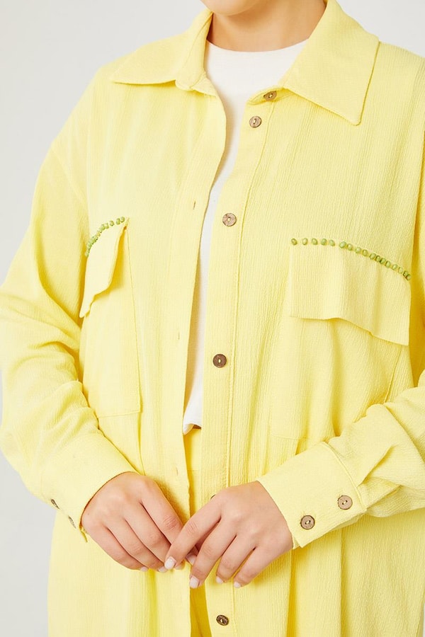 LevidorLevidor Sarı Cep İşlemeli Bürümcük Kumaş Takım