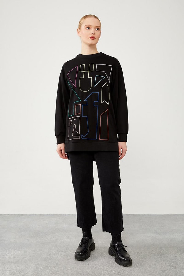 LevidorLevidor Siyah Asimetrik Nakış İşlemeli Sweat