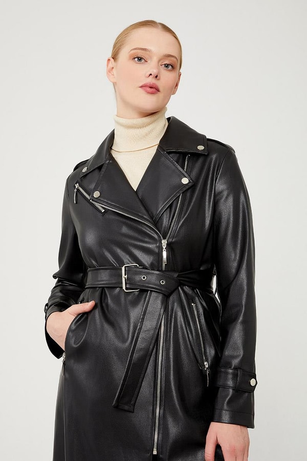 LevidorLevidor Siyah Astarsız Zımba Detaylı Deri Trençkot