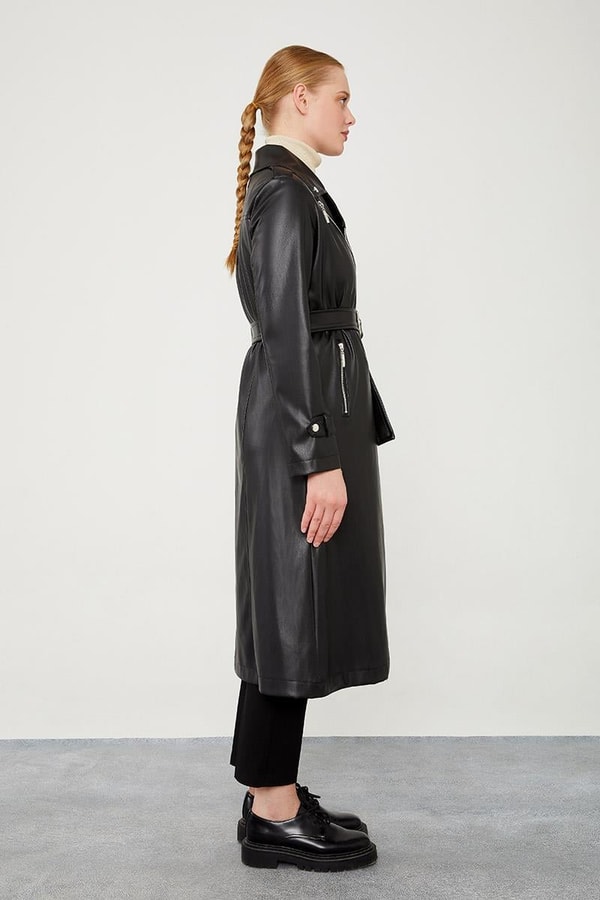 LevidorLevidor Siyah Astarsız Zımba Detaylı Deri Trençkot