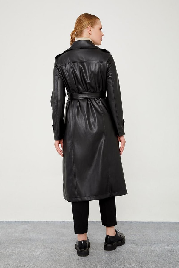 LevidorLevidor Siyah Astarsız Zımba Detaylı Deri Trençkot