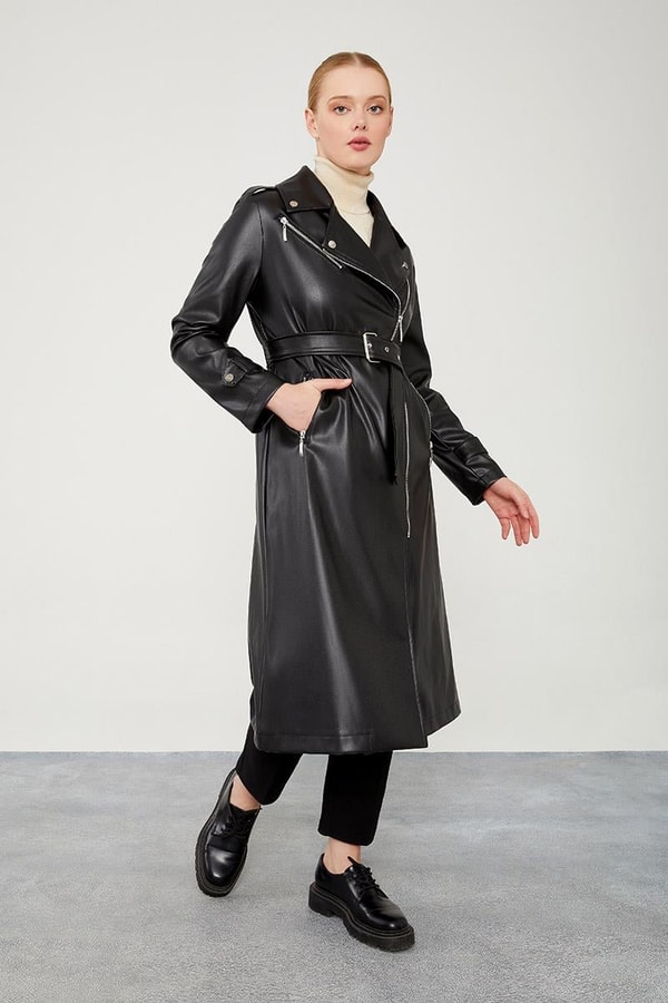 LevidorLevidor Siyah Astarsız Zımba Detaylı Deri Trençkot