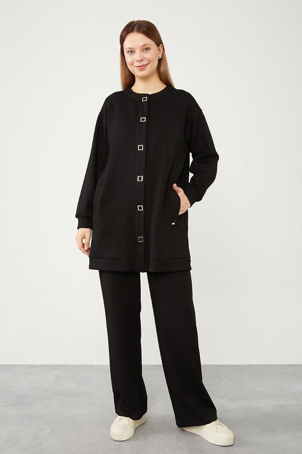 LevidorLevidor Siyah Bisiklet Yaka Cepli Penye Pantolonlu Spor Takım