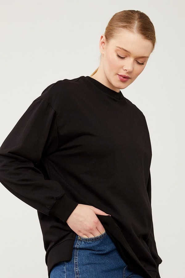 LevidorLevidor Siyah Bisiklet Yaka Ribanalı Basic Sweat