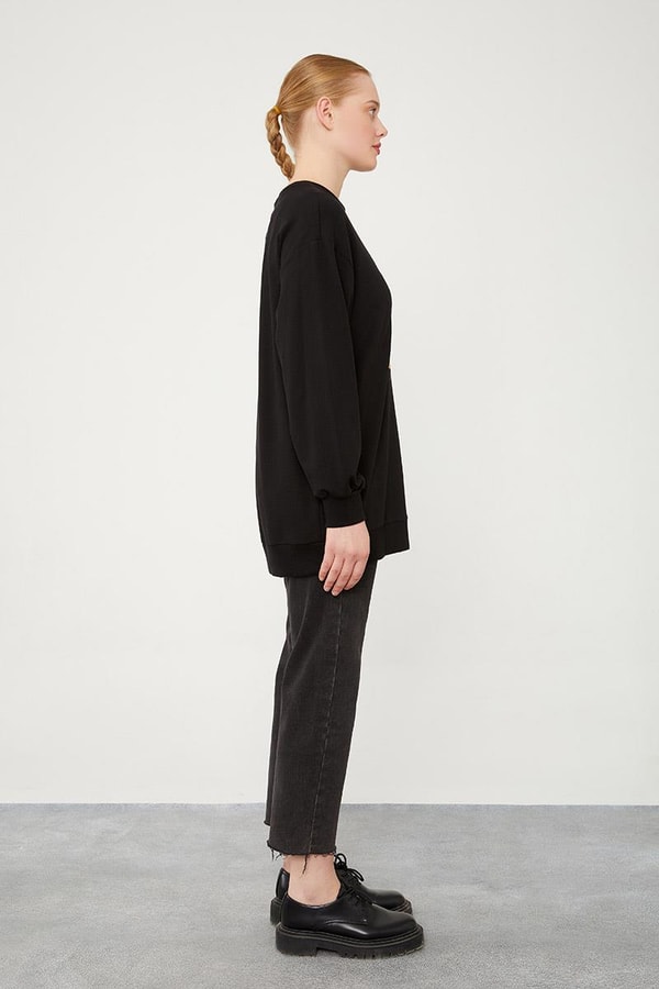 LevidorLevidor Siyah Bisiklet Yaka Taş Baskılı Sweat