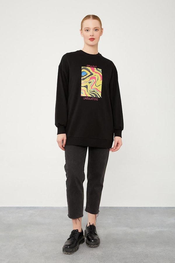 LevidorLevidor Siyah Bisiklet Yaka Taş Baskılı Sweat