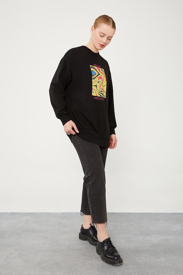 LevidorLevidor Siyah Bisiklet Yaka Taş Baskılı Sweat