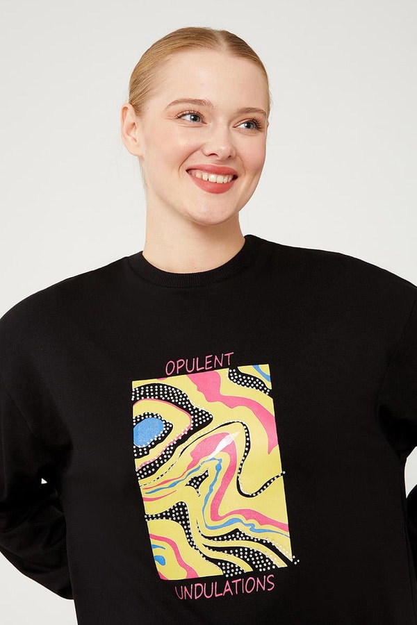 LevidorLevidor Siyah Bisiklet Yaka Taş Baskılı Sweat