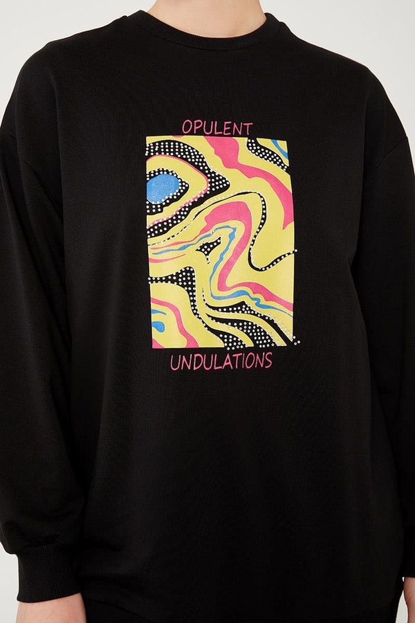 LevidorLevidor Siyah Bisiklet Yaka Taş Baskılı Sweat