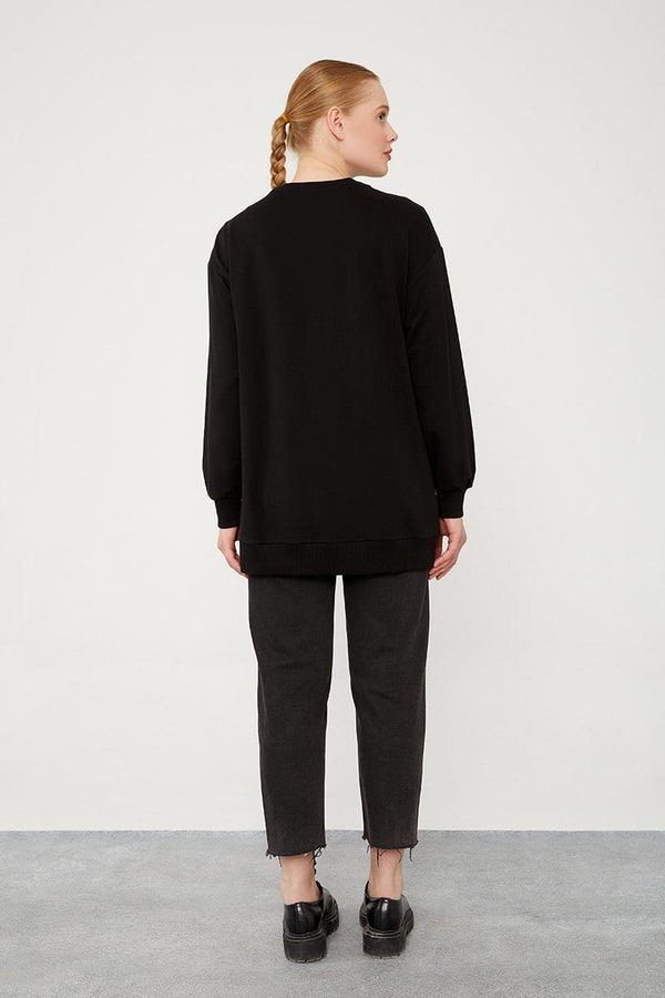 LevidorLevidor Siyah Bisiklet Yaka Taş Baskılı Sweat