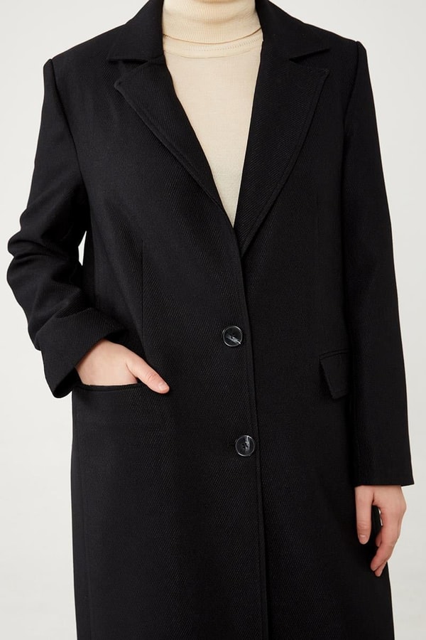 LevidorLevidor Siyah Çizgli Desen Kaşe Kaban