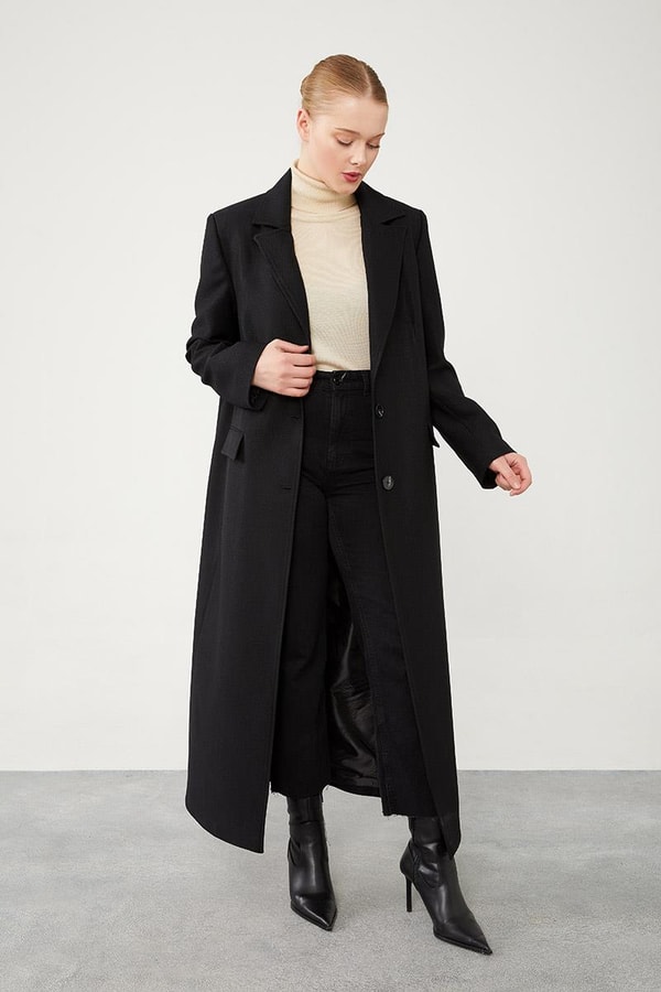 LevidorLevidor Siyah Çizgli Desen Kaşe Kaban