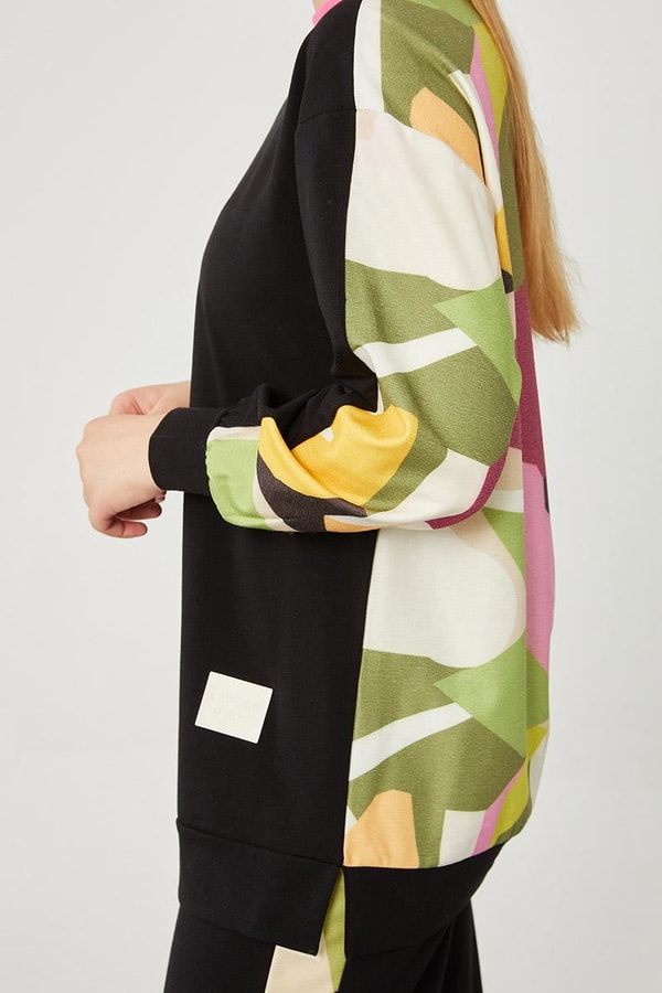 LevidorLevidor Siyah-Fuşya Bisiklet Yaka Geometrik Desen Spor Takım