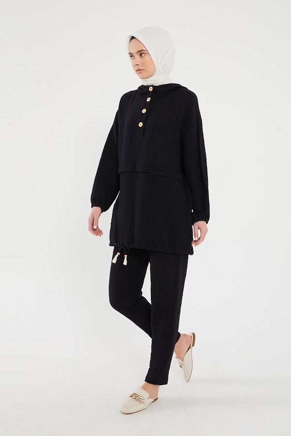 LevidorLevidor Siyah Kapşonlu Muslin Spor Takım