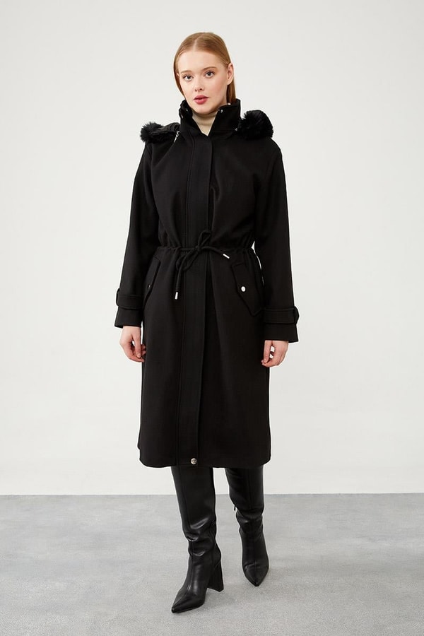 LevidorLevidor Siyah Kapüşonlu Belden Büzgü Detaylı Kaşe Kaban