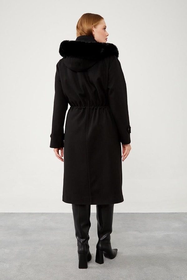 LevidorLevidor Siyah Kapüşonlu Belden Büzgü Detaylı Kaşe Kaban