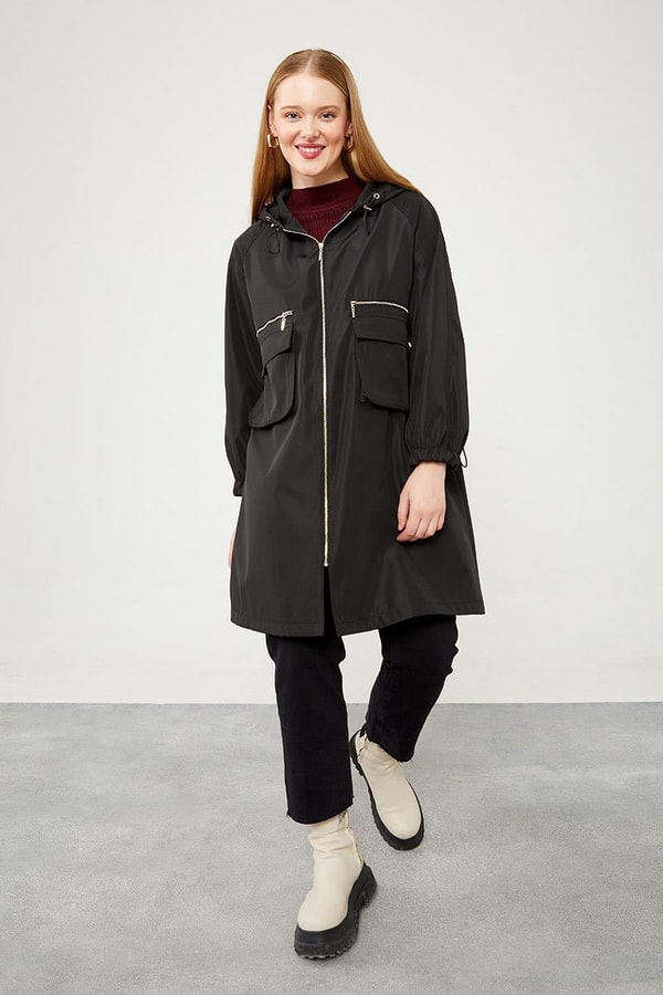 LevidorLevidor Siyah Kapüşonlu Fermuar Kapama Trençkot