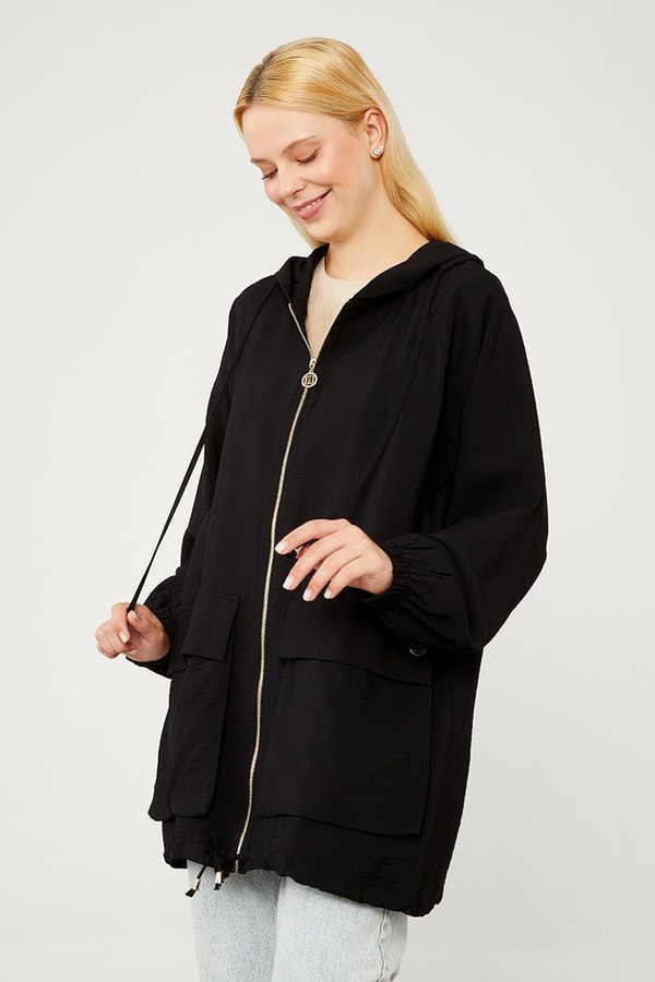 LevidorLevidor Siyah Kapüşonlu Tril Kumaş Kap