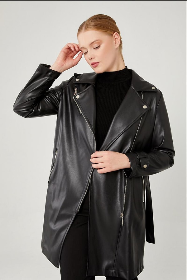 LevidorLevidor Siyah Kemerli Uzun Deri Ceket