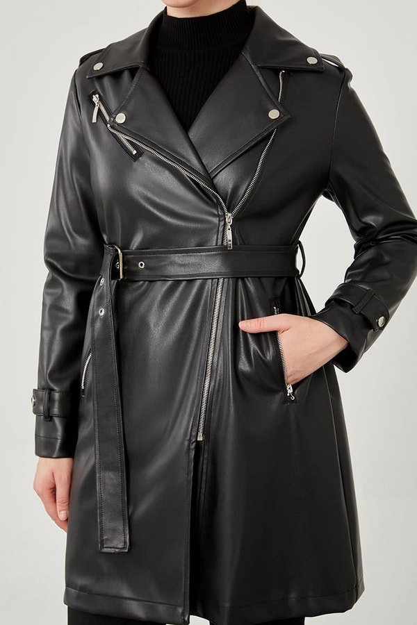 LevidorLevidor Siyah Kemerli Uzun Deri Ceket