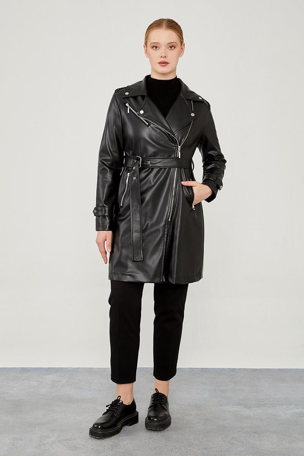 LevidorLevidor Siyah Kemerli Uzun Deri Ceket