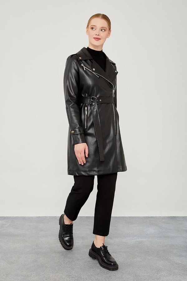 LevidorLevidor Siyah Kemerli Uzun Deri Ceket