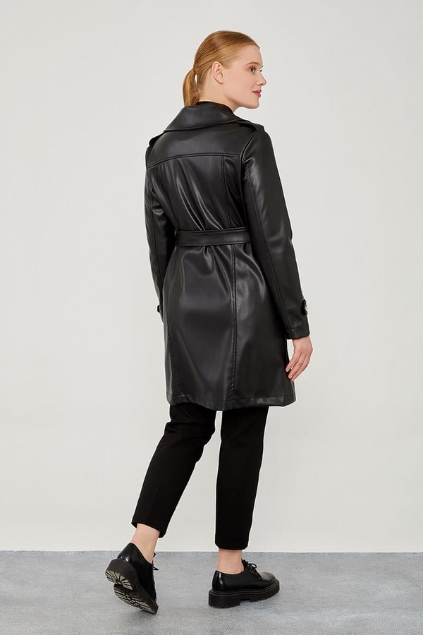 LevidorLevidor Siyah Kemerli Uzun Deri Ceket