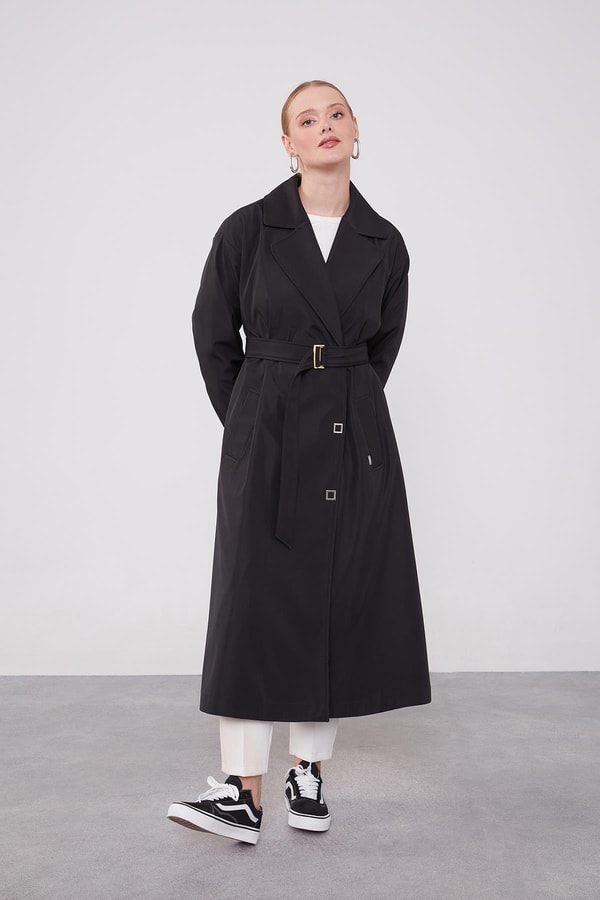 LevidorLevidor Siyah Kolu Lastik Detay Trençkot