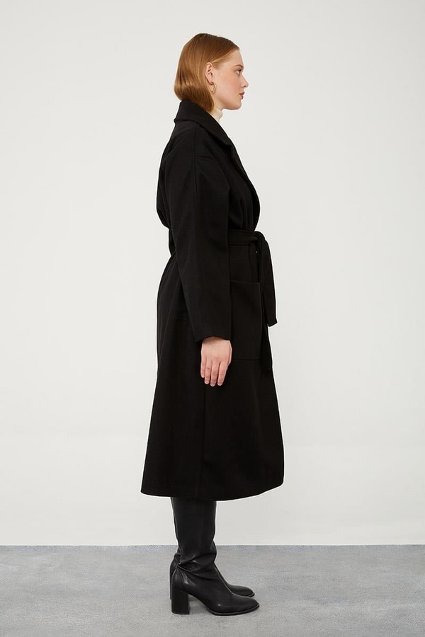 LevidorLevidor Siyah Kuşak Bağlamalı Kaşe Kaban