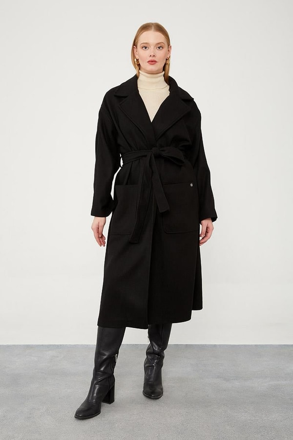 LevidorLevidor Siyah Kuşak Bağlamalı Kaşe Kaban