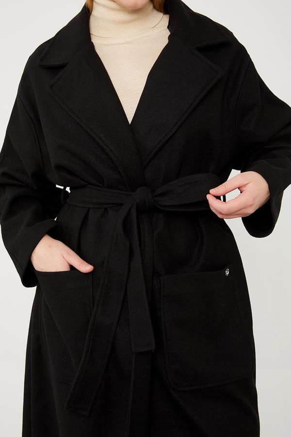 LevidorLevidor Siyah Kuşak Bağlamalı Kaşe Kaban