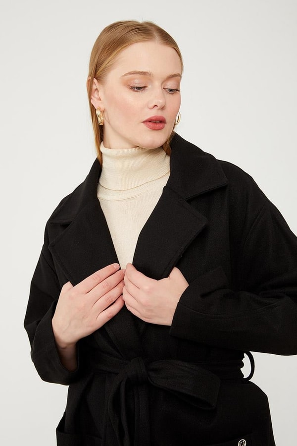 LevidorLevidor Siyah Kuşak Bağlamalı Kaşe Kaban